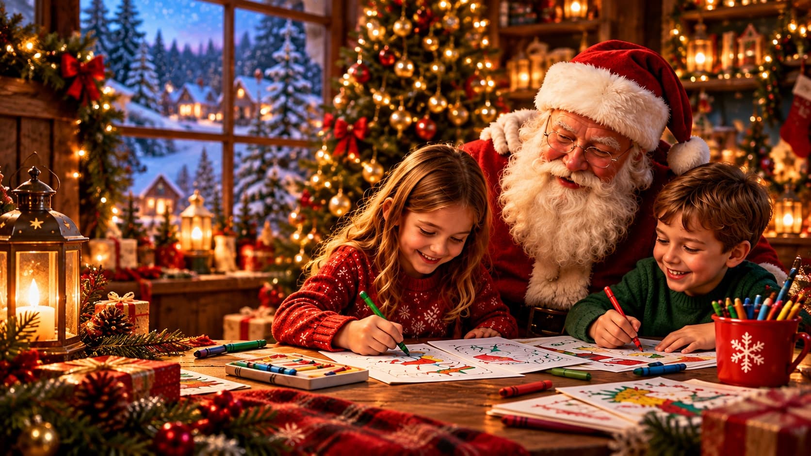 Santa helping two smiling children colour Christmas pages at a cosy workshop table