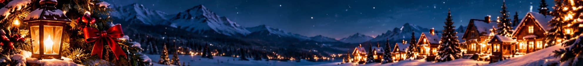 A snowy mountain village glowing with Christmas lights