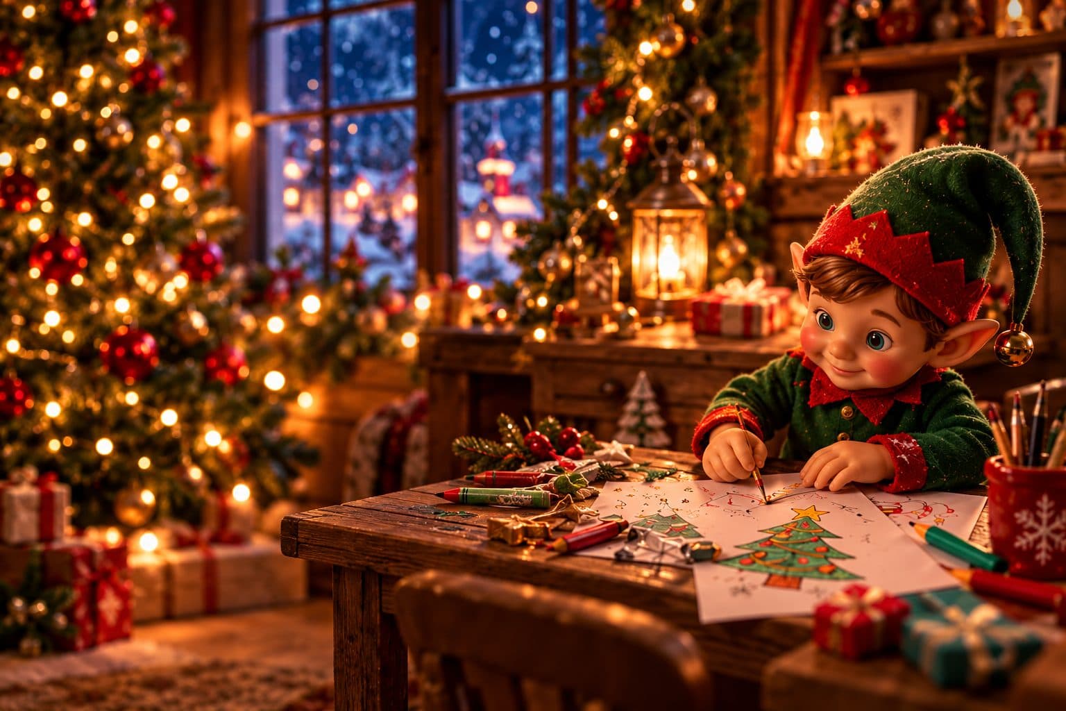 A smiling elf colouring a Christmas tree picture at a wooden table beside a glowing tree