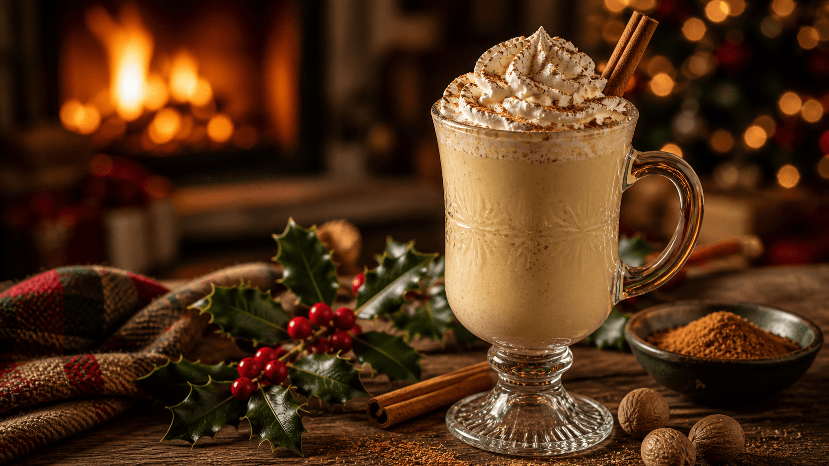 Glass of homemade eggnog topped with whipped cream, cinnamon, and fresh nutmeg