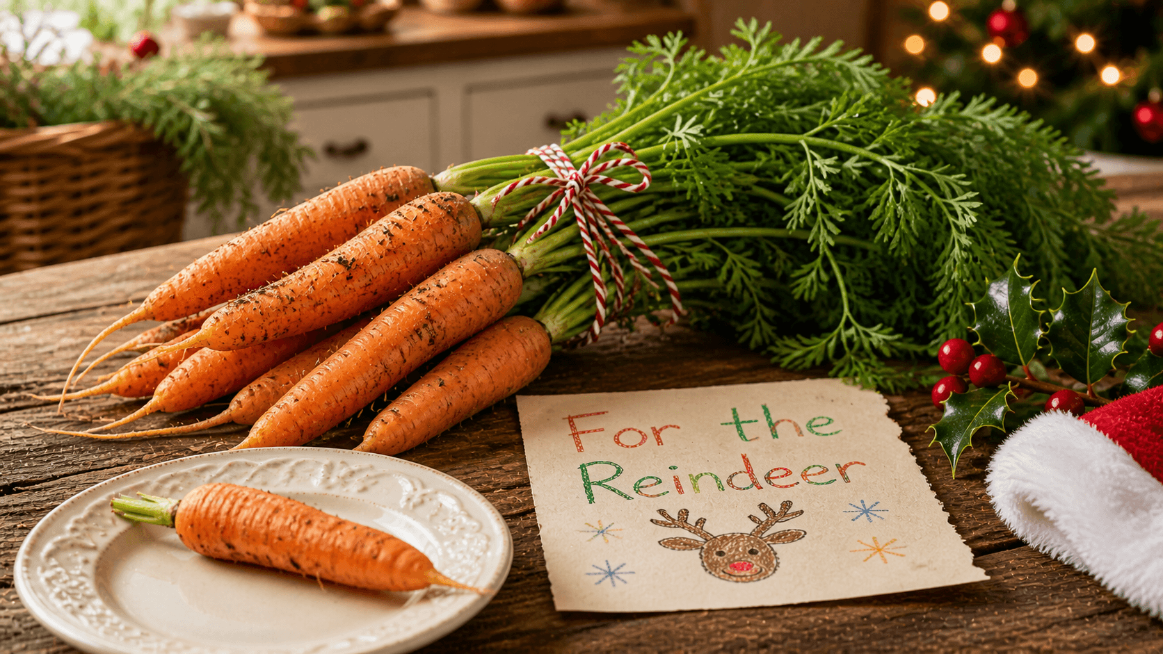 Bunch of fresh orange carrots with green tops tied with festive ribbon for Santa's reindeer