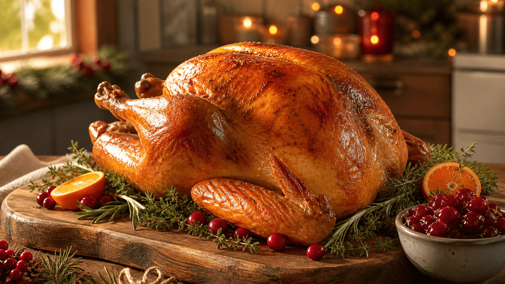 Golden roasted Christmas turkey with herbs and cranberry sauce on a rustic farmhouse table