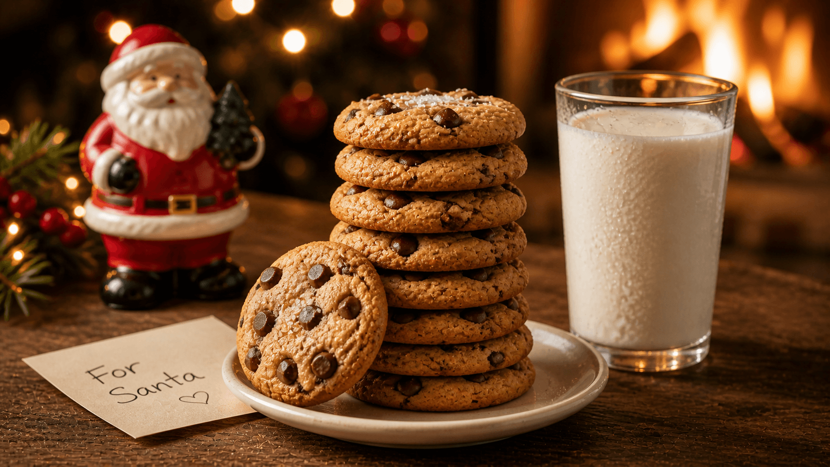 Stack of fresh chocolate chip cookies on a plate with milk for Santa on Christmas Eve
