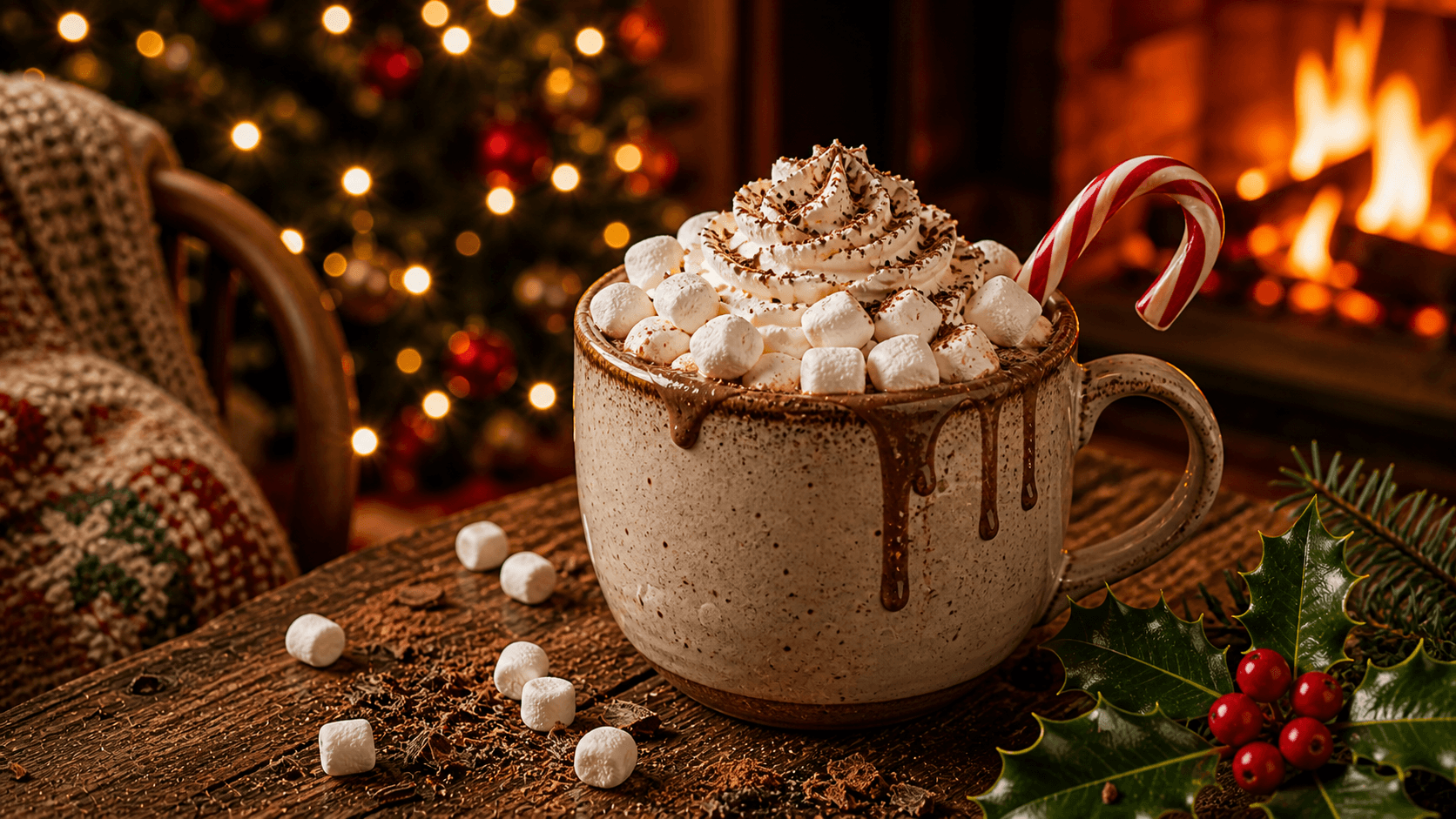 Rich hot chocolate with marshmallows, whipped cream, and a candy cane stirrer in a rustic mug