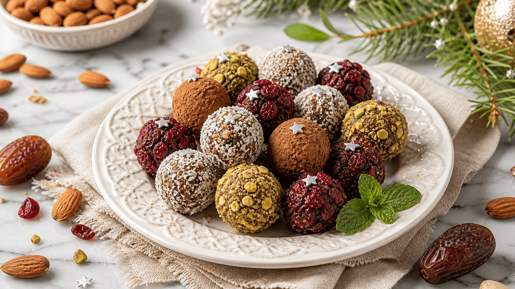 Healthy date and nut energy bites rolled in coconut and cocoa, holiday treats