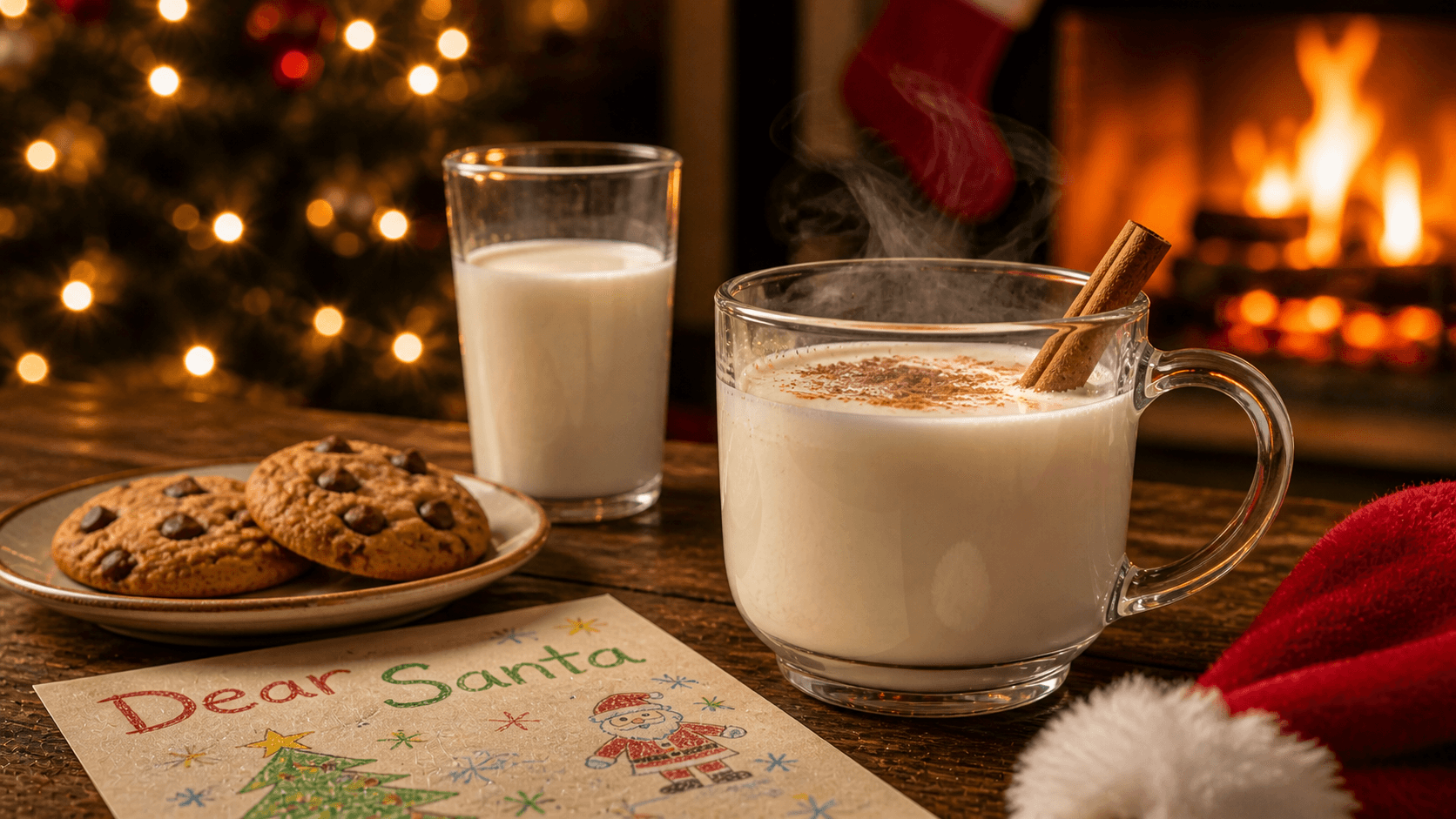 Glass mug of warm milk with cinnamon and cookies on a holiday plate