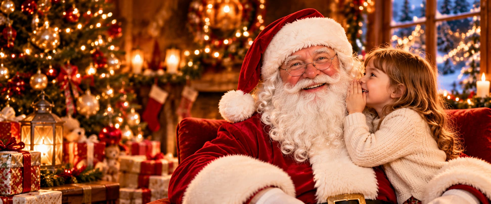 A child whispering to a smiling Santa Claus by the Christmas tree