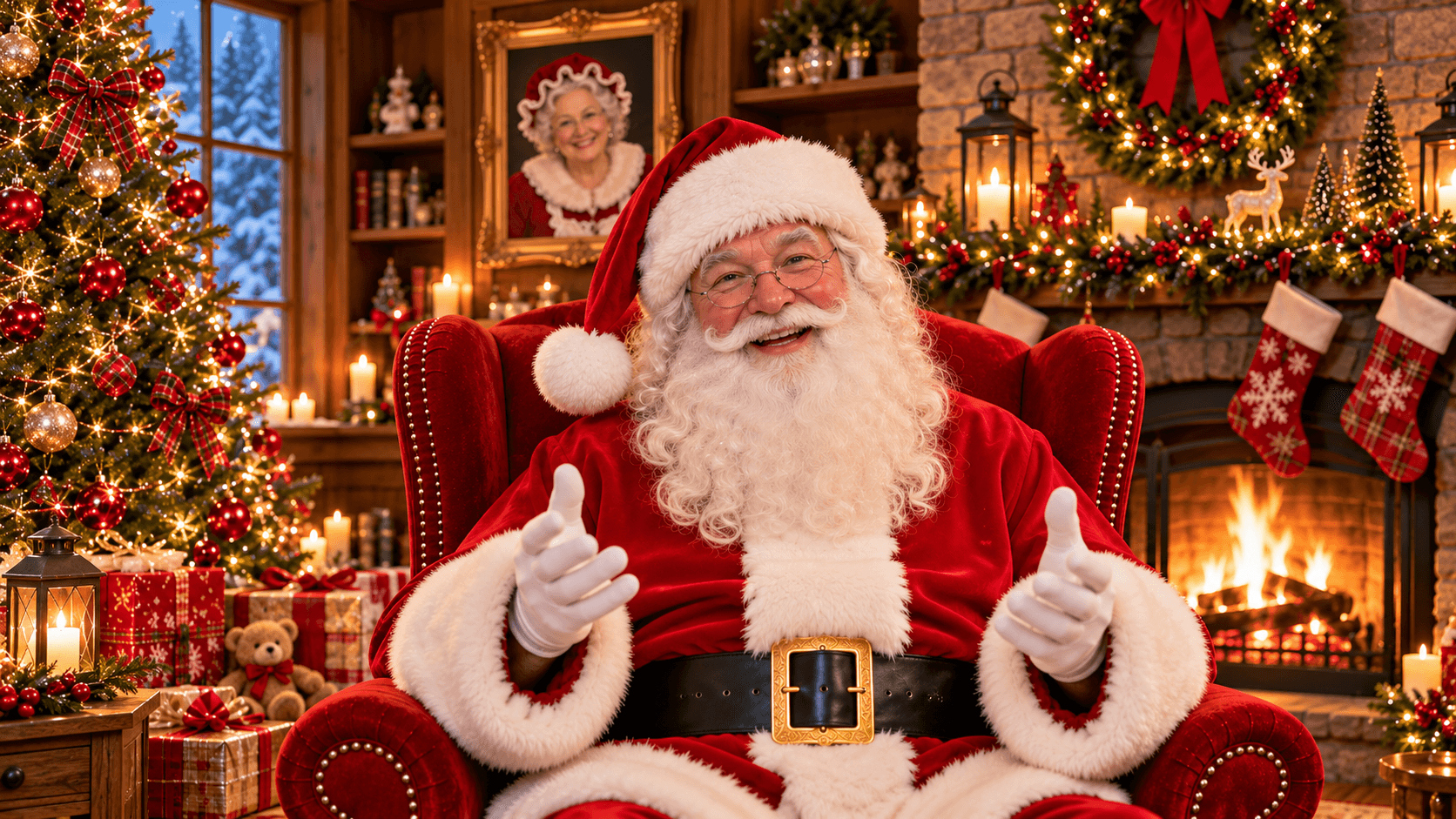 Santa by the fireplace, ready to talk to your child