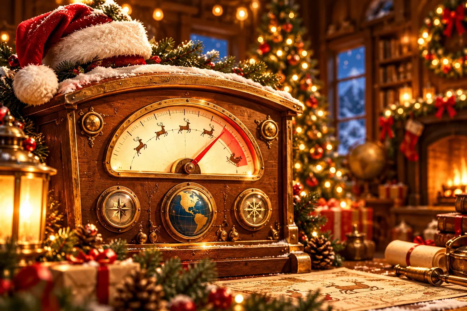 A brass dashboard gauge tracking Santa's sleigh speed, with a Santa hat on top