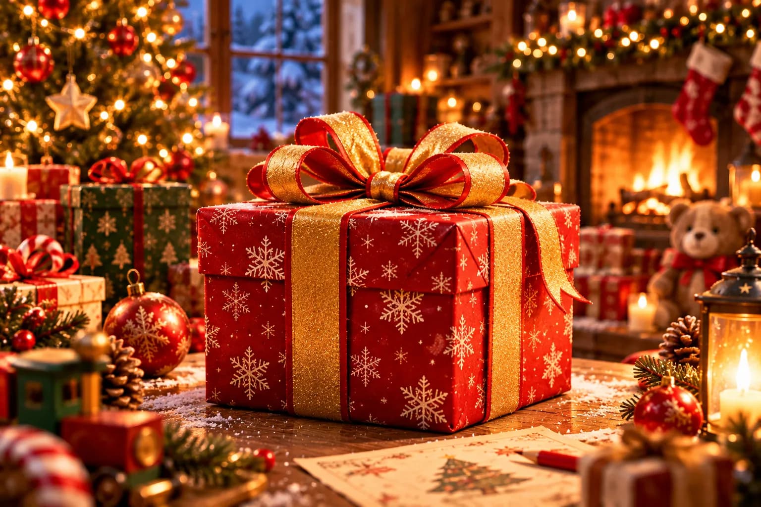 A big red gift box with a gold bow in front of a glowing Christmas tree