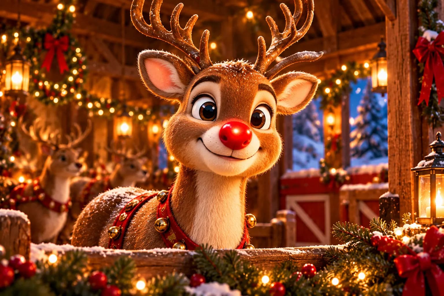 Rudolph the red-nosed reindeer smiling in a cozy Christmas stable
