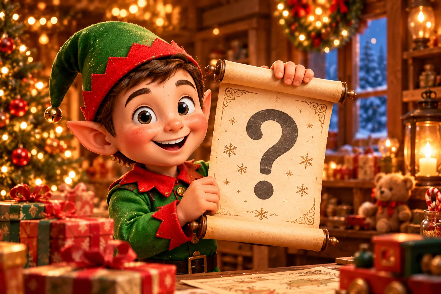 A smiling elf holding up a scroll with a question mark