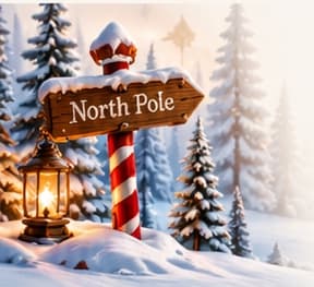 A North Pole signpost with a glowing lantern in the snow