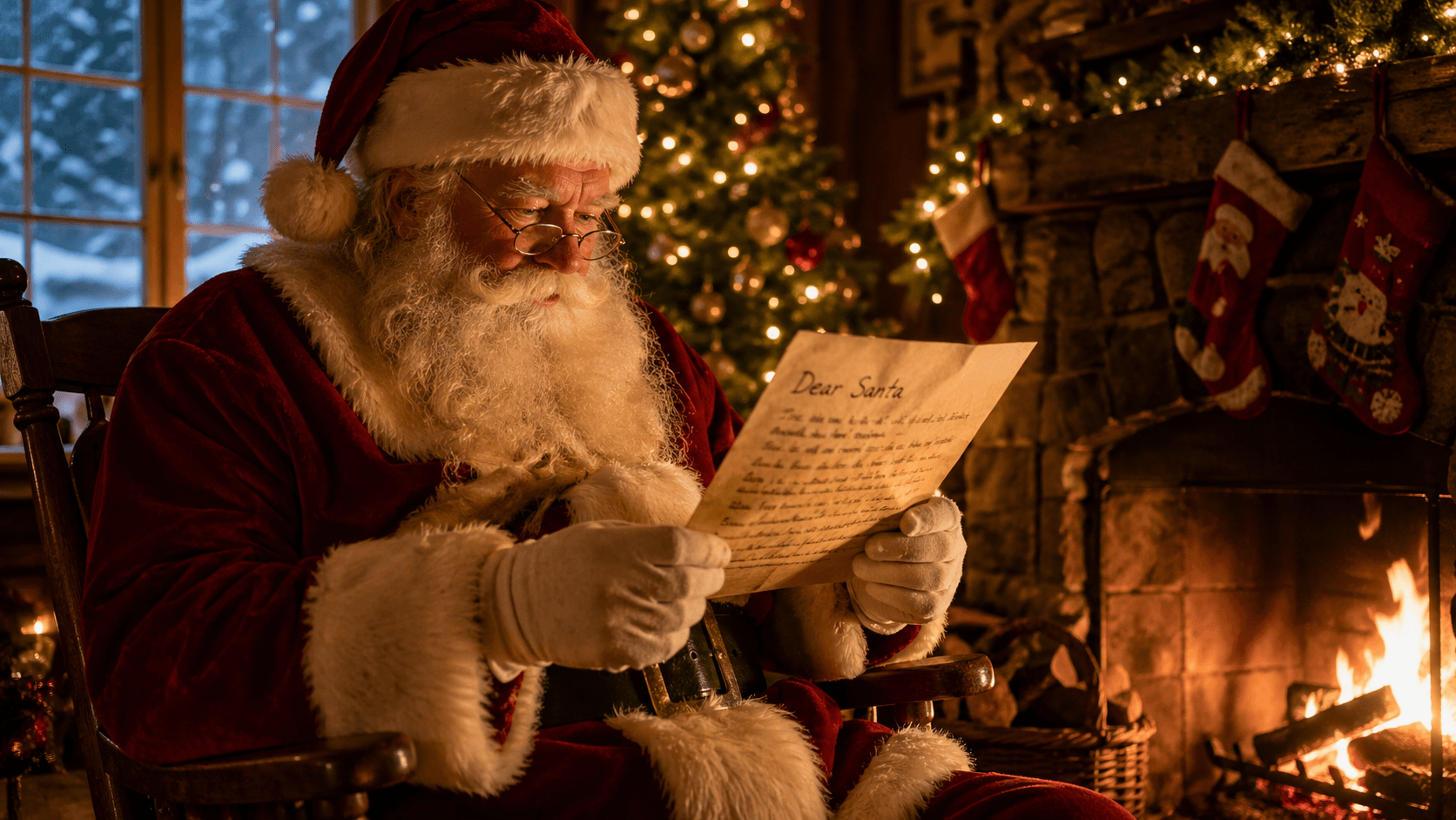 Santa Claus reading letters by the fireplace at the North Pole