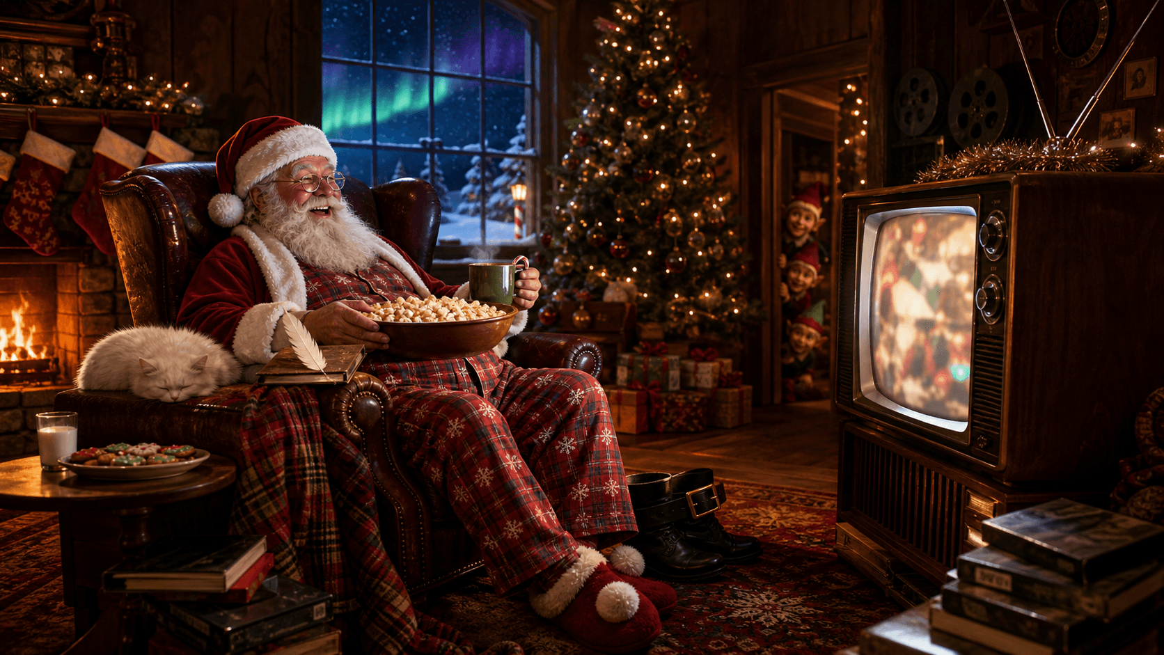 Santa Claus watching Christmas movies