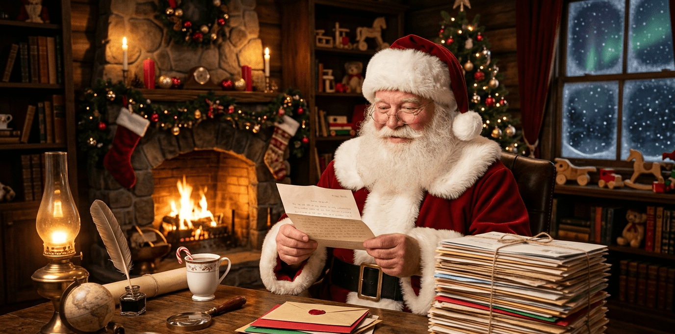 Santa Claus at his desk writing letters at the North Pole