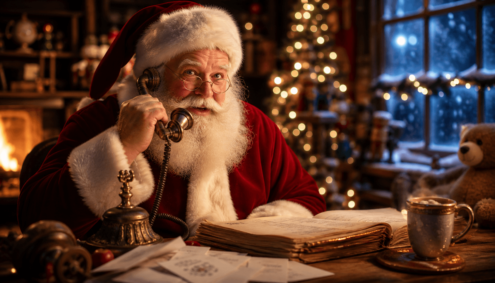 Santa Claus in his workshop preparing to record a magical voice message
