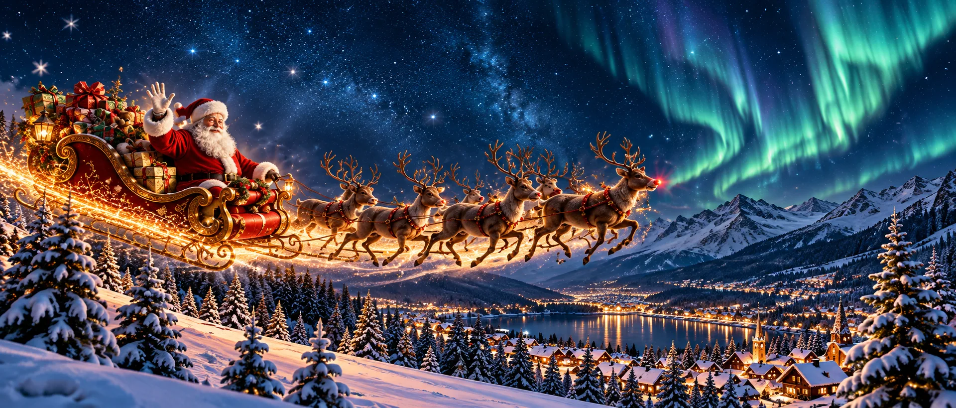 Santa Claus flying his sleigh over a snowy village on Christmas Eve