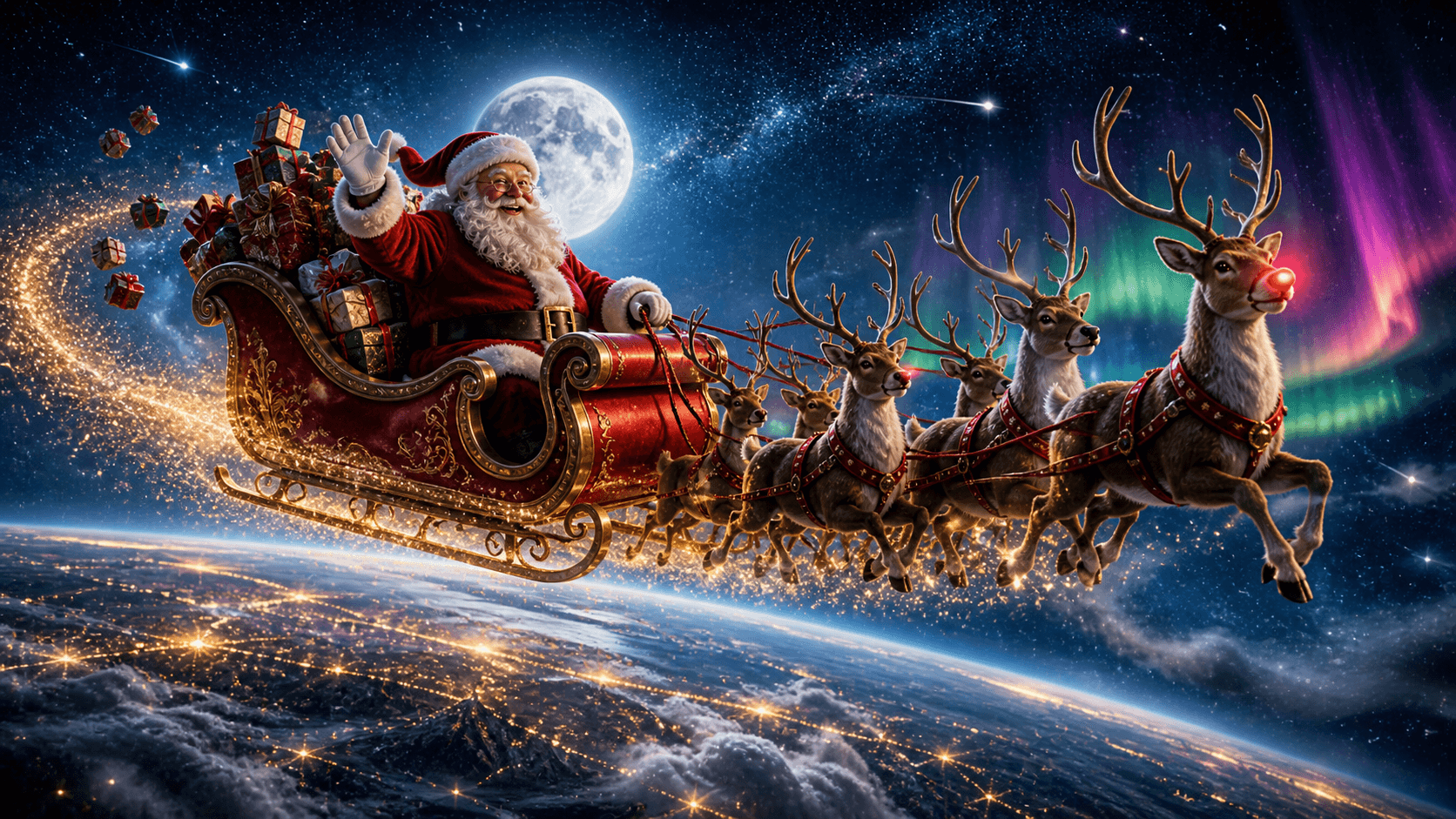Santa Claus flying his sleigh over a snowy village on Christmas Eve