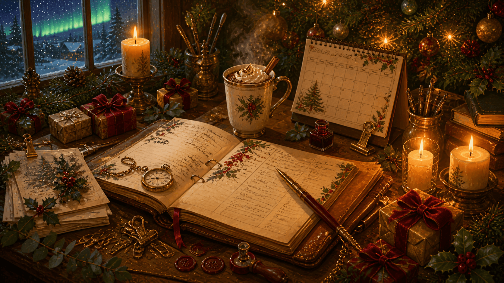 Cozy Christmas planning desk with planner and decorations