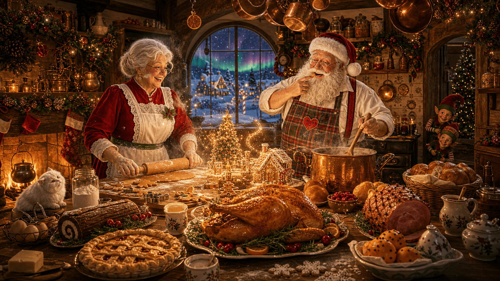 Cozy Christmas baking scene with golden cookies, warm spices, and holiday treats