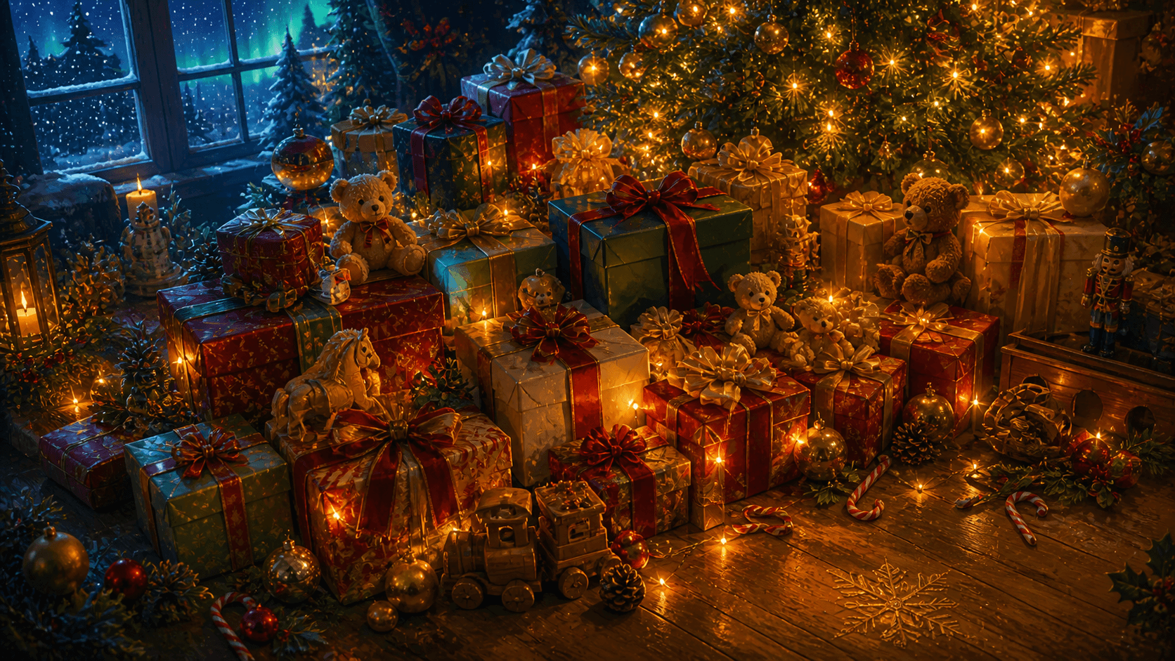 Beautifully wrapped Christmas gifts under a magical tree