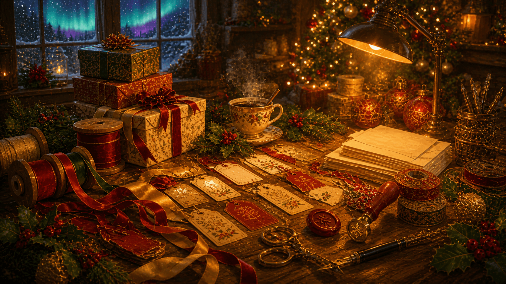 Christmas crafting station with gift tags and ribbons
