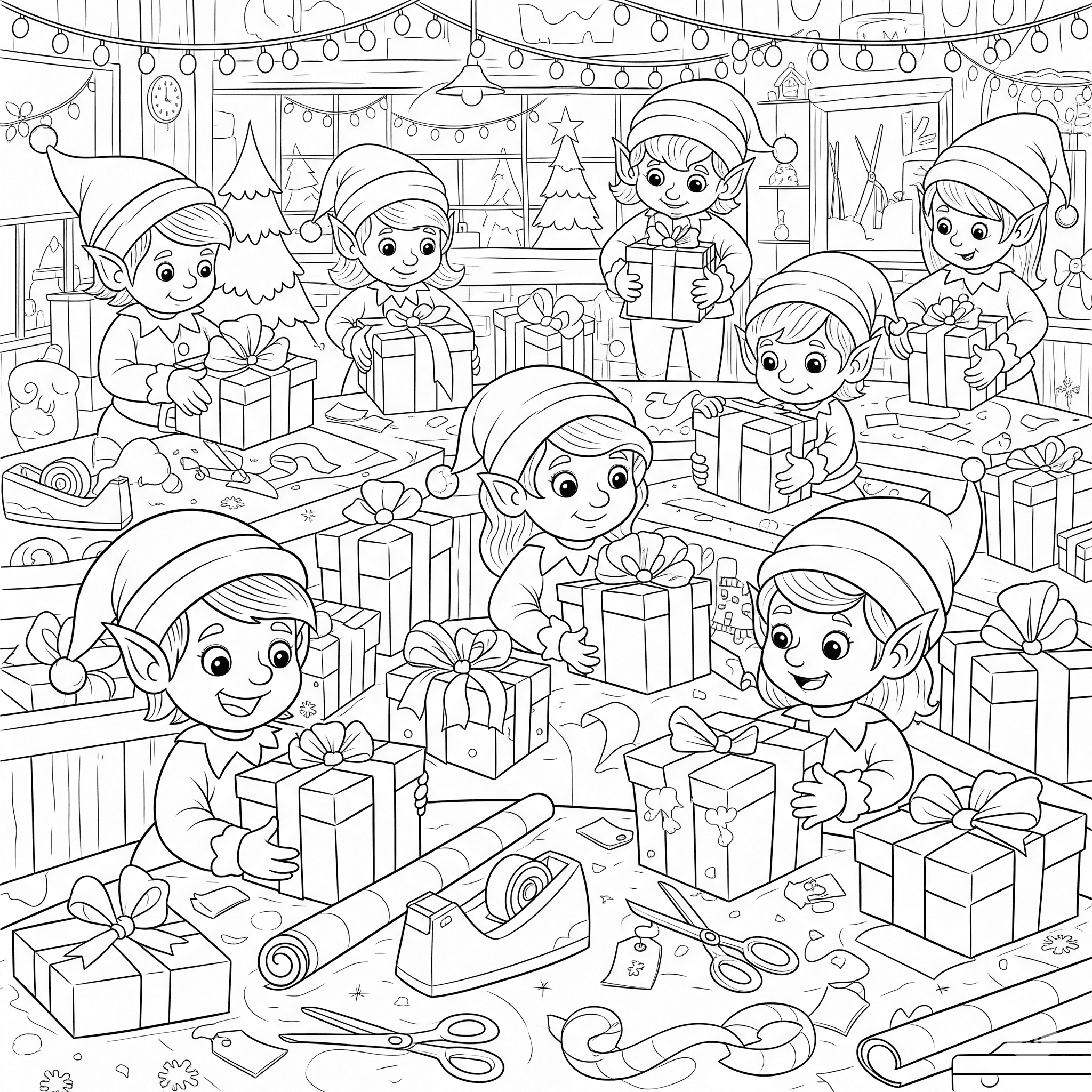 Christmas elves busy wrapping presents and making toys — free printable coloring page