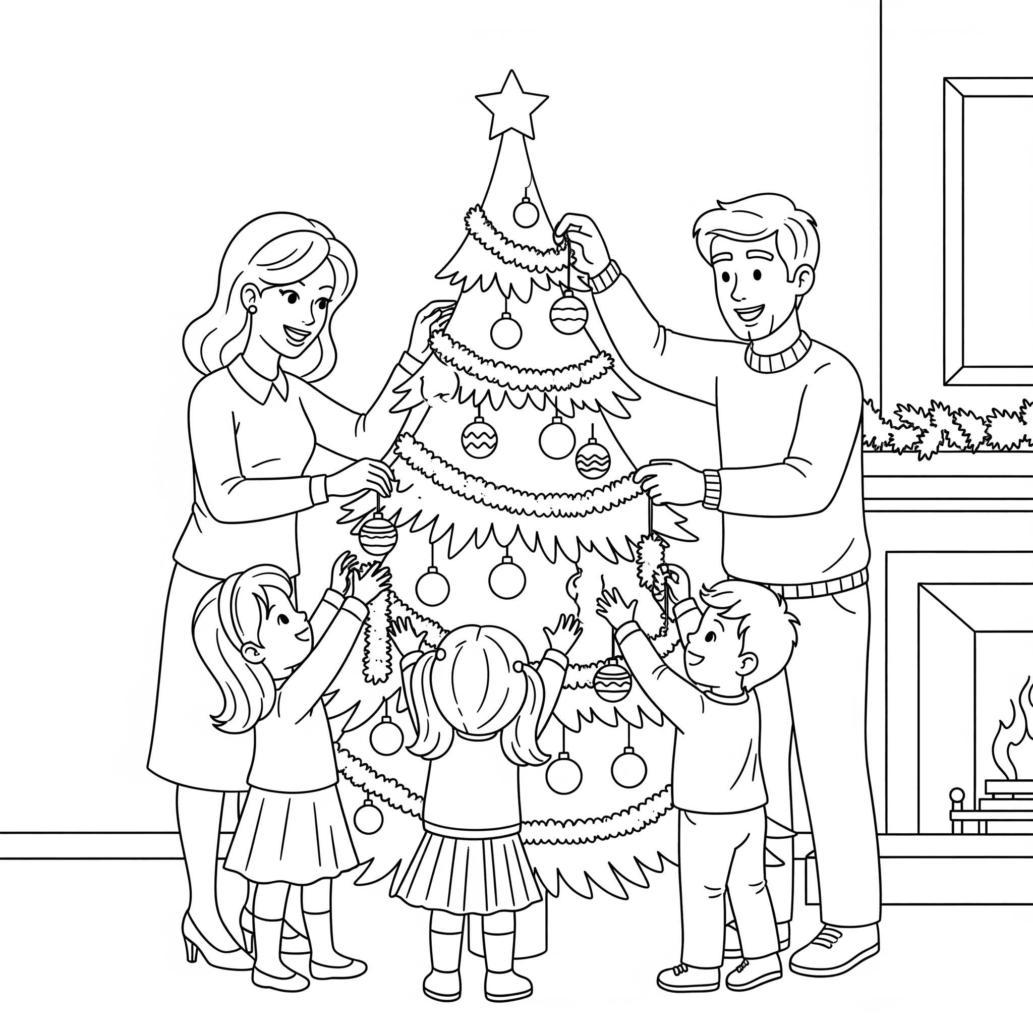 A Christmas tree being decorated with ornaments and lights — holiday coloring page