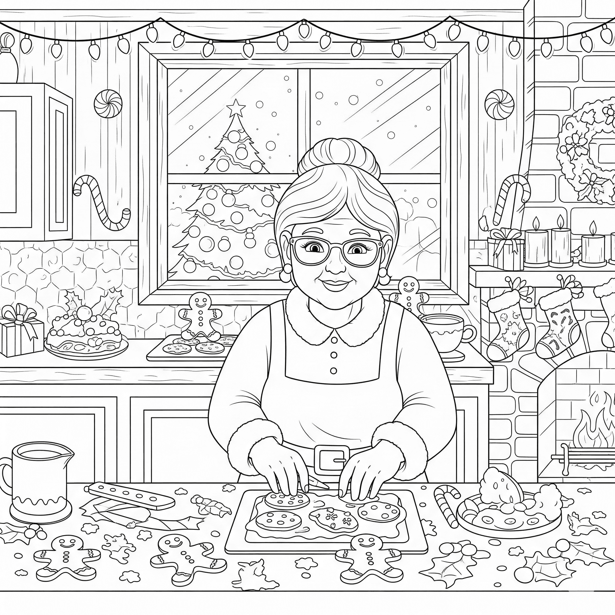 Mrs. Claus baking Christmas cookies in the North Pole kitchen — printable coloring page