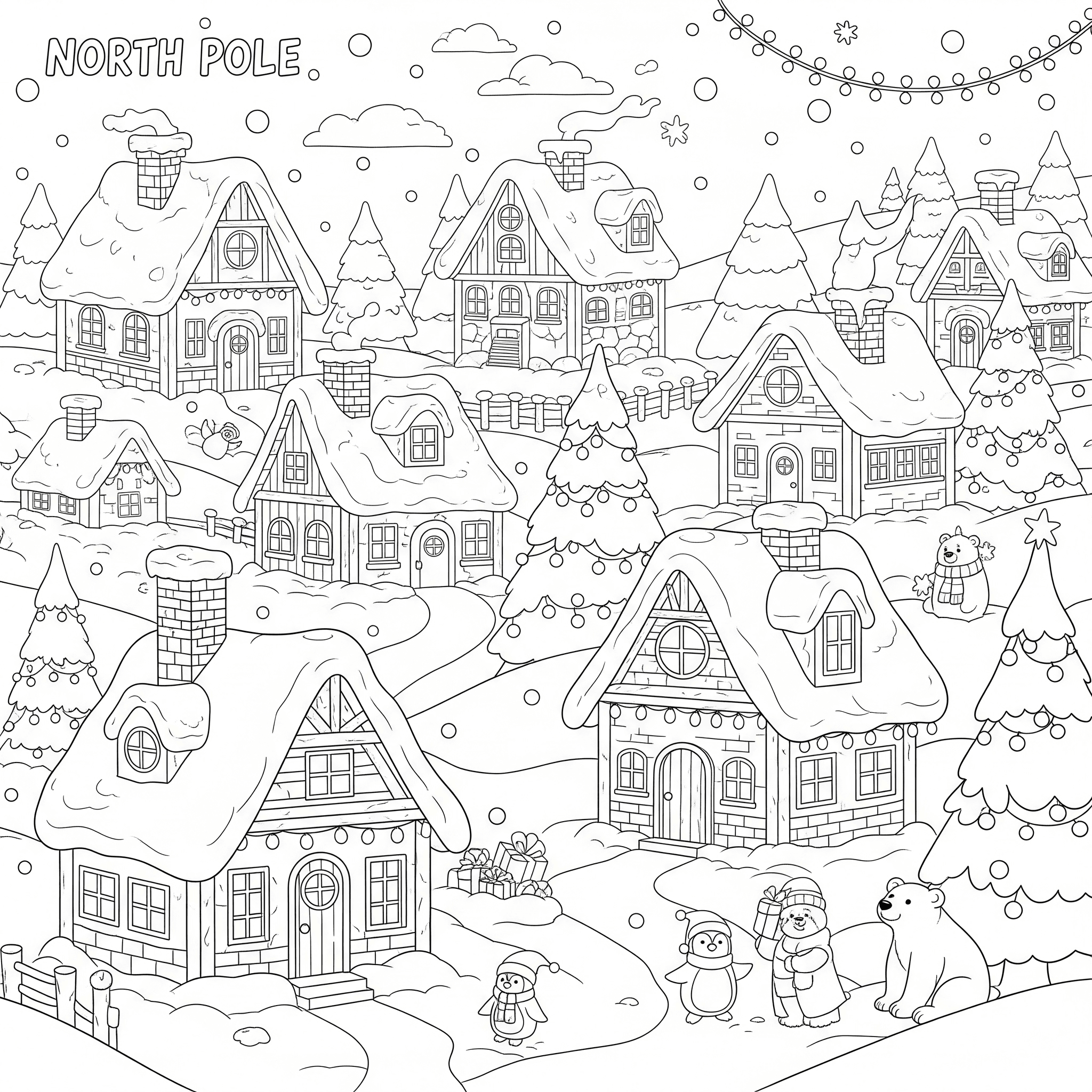 The magical North Pole village in winter — detailed Christmas coloring sheet