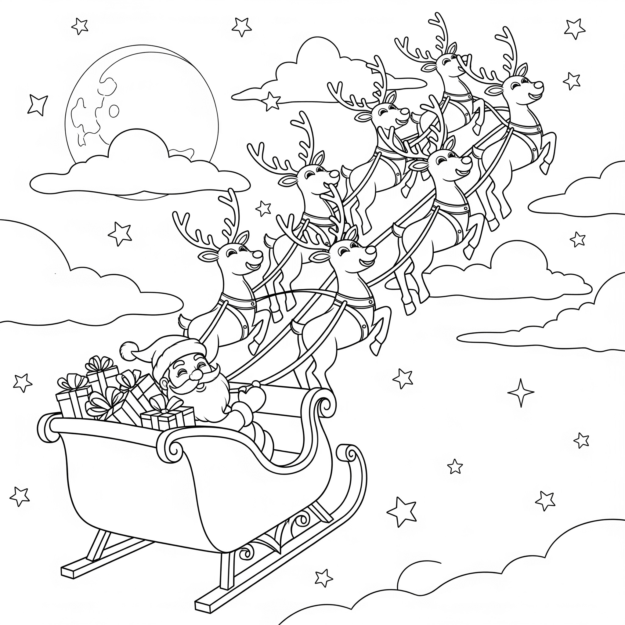 Santa's reindeer pulling the sleigh on Christmas Eve — coloring sheet for kids
