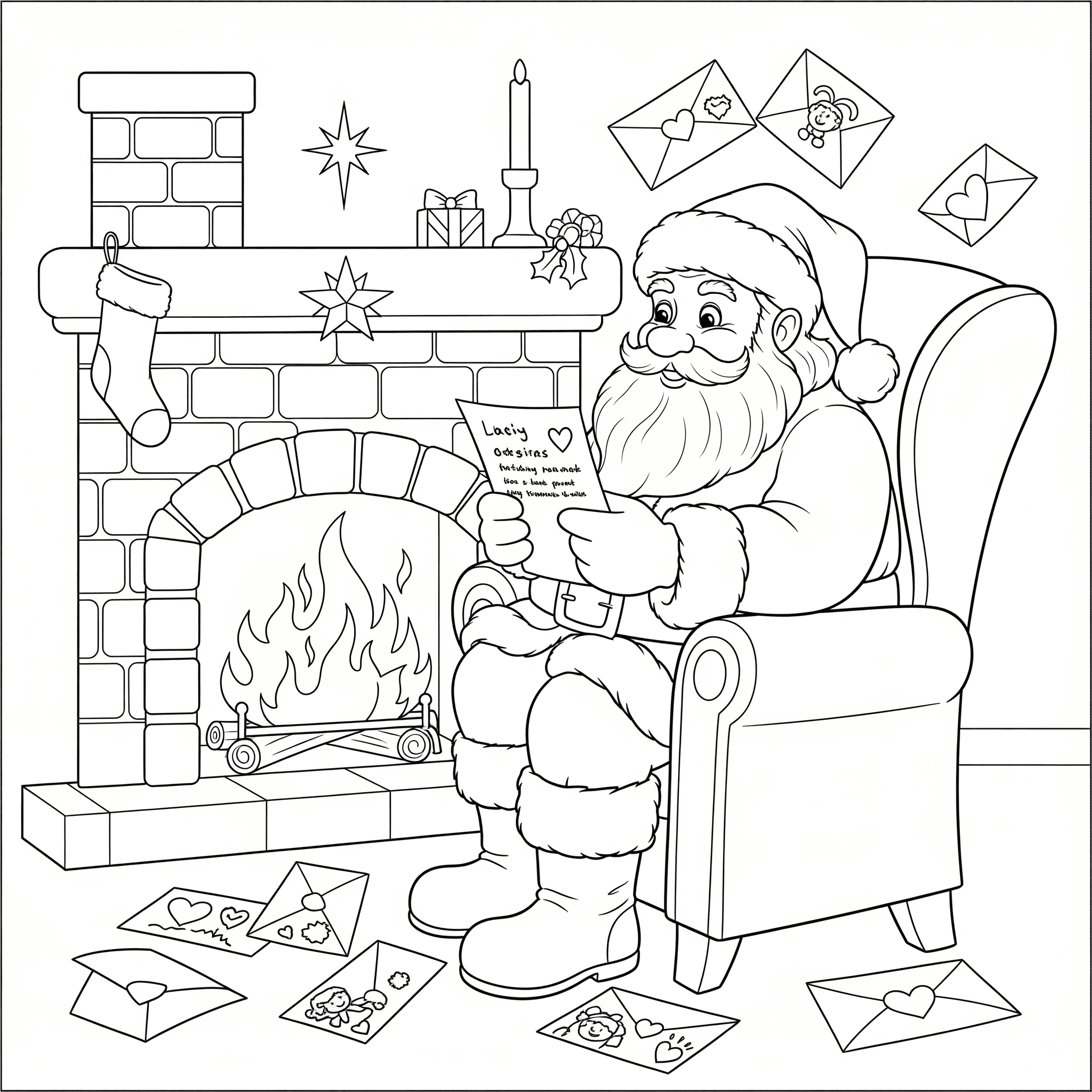 Santa Claus reading children's Christmas letters at his desk — printable coloring sheet