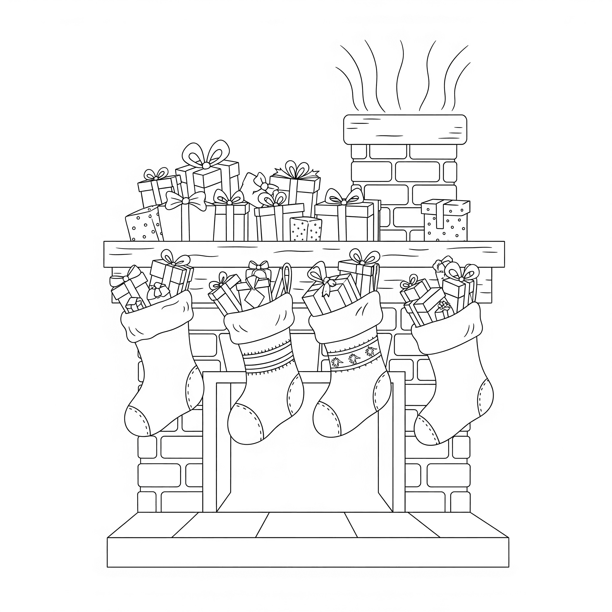 Christmas stockings hanging by the fireplace — easy coloring page for young kids