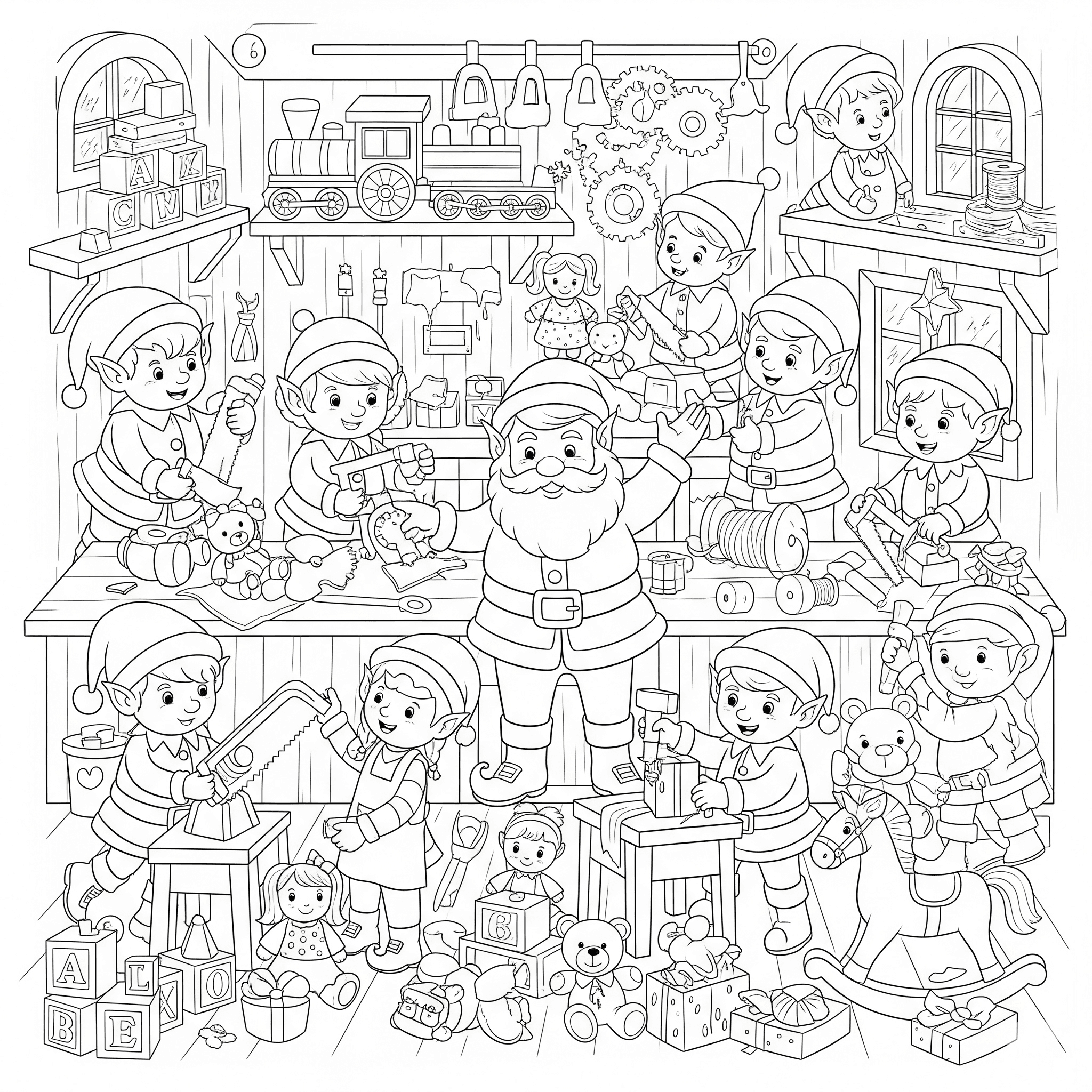 Santa Claus in his workshop surrounded by elves making toys — Christmas coloring page
