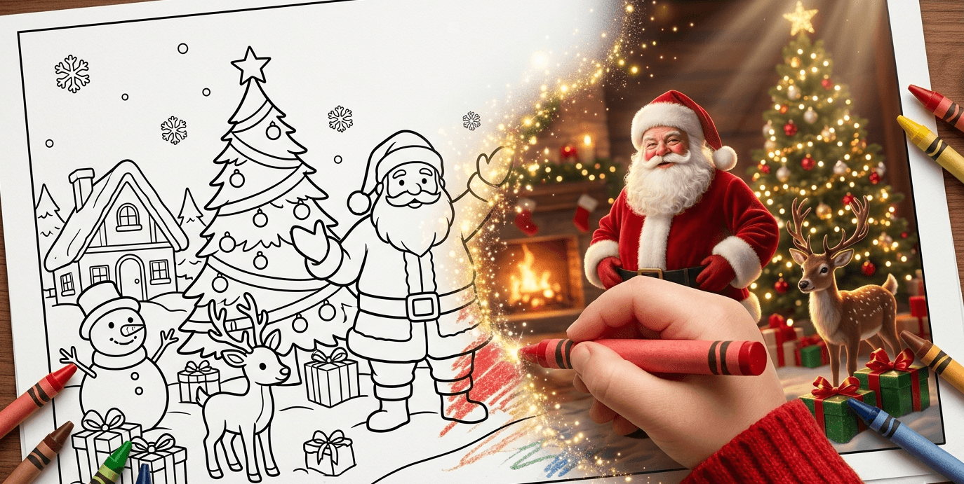 Christmas coloring pages spread across a warm holiday table