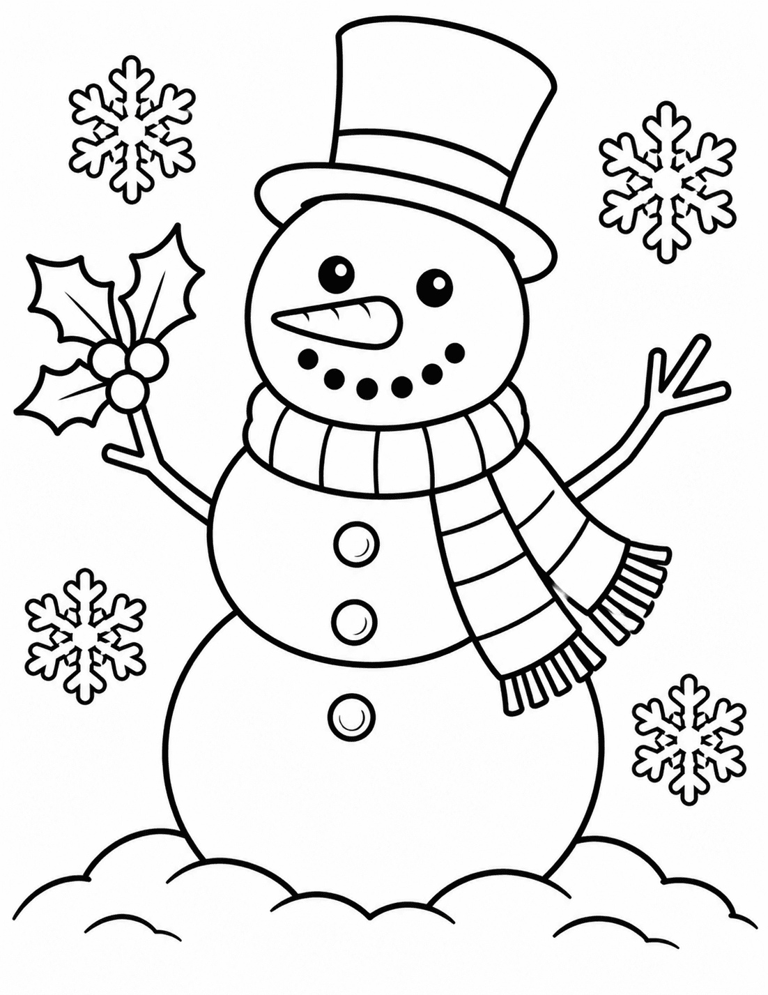 A jolly Christmas snowman in a scarf and top hat — easy coloring page for young kids