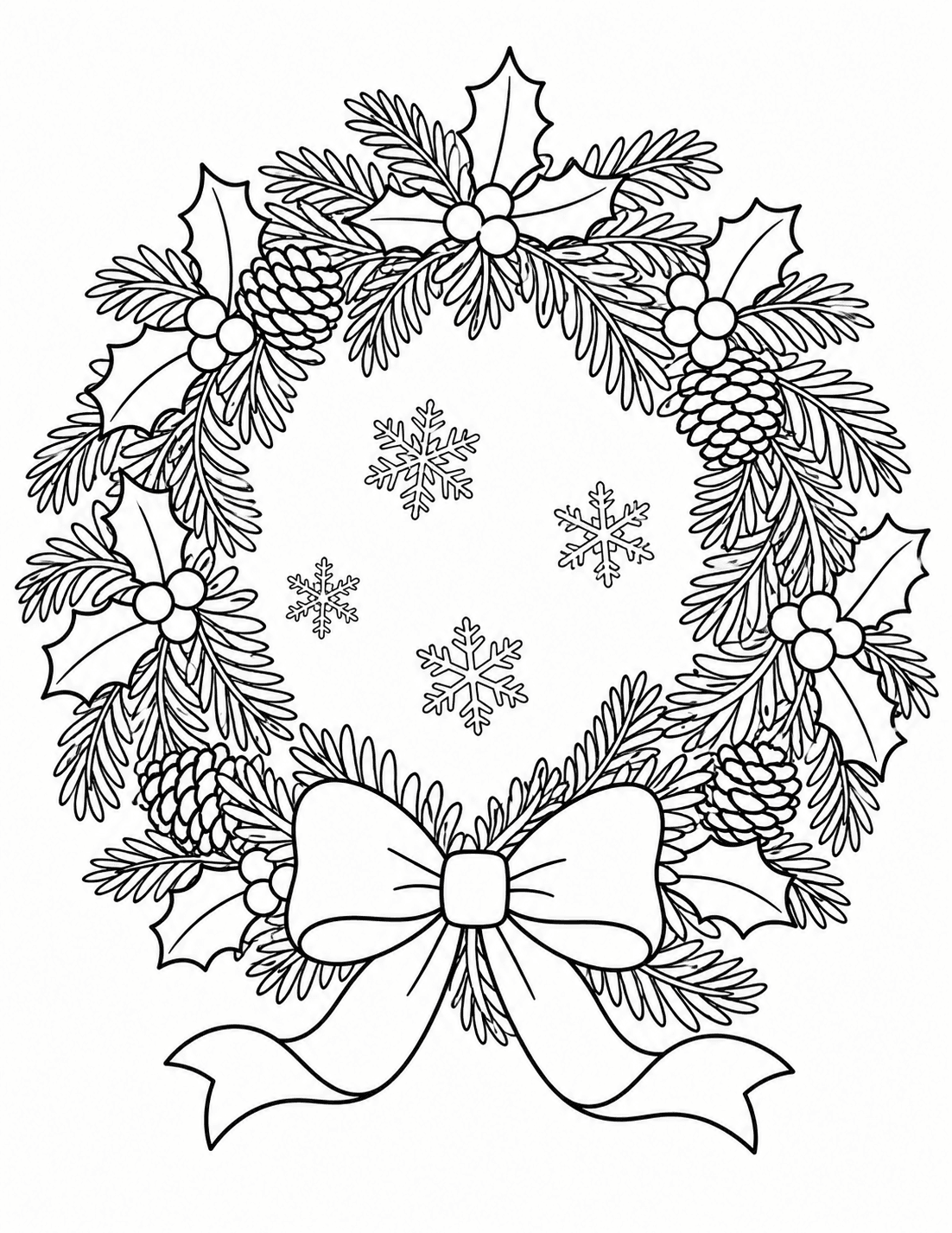 A Christmas wreath with holly, pine cones, and a bow — printable holiday coloring page
