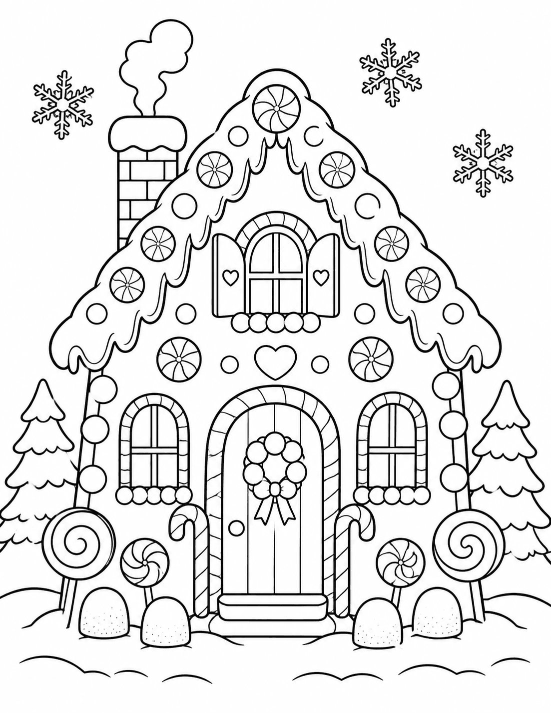 A decorated gingerbread house with candy and icing — Christmas coloring sheet for kids
