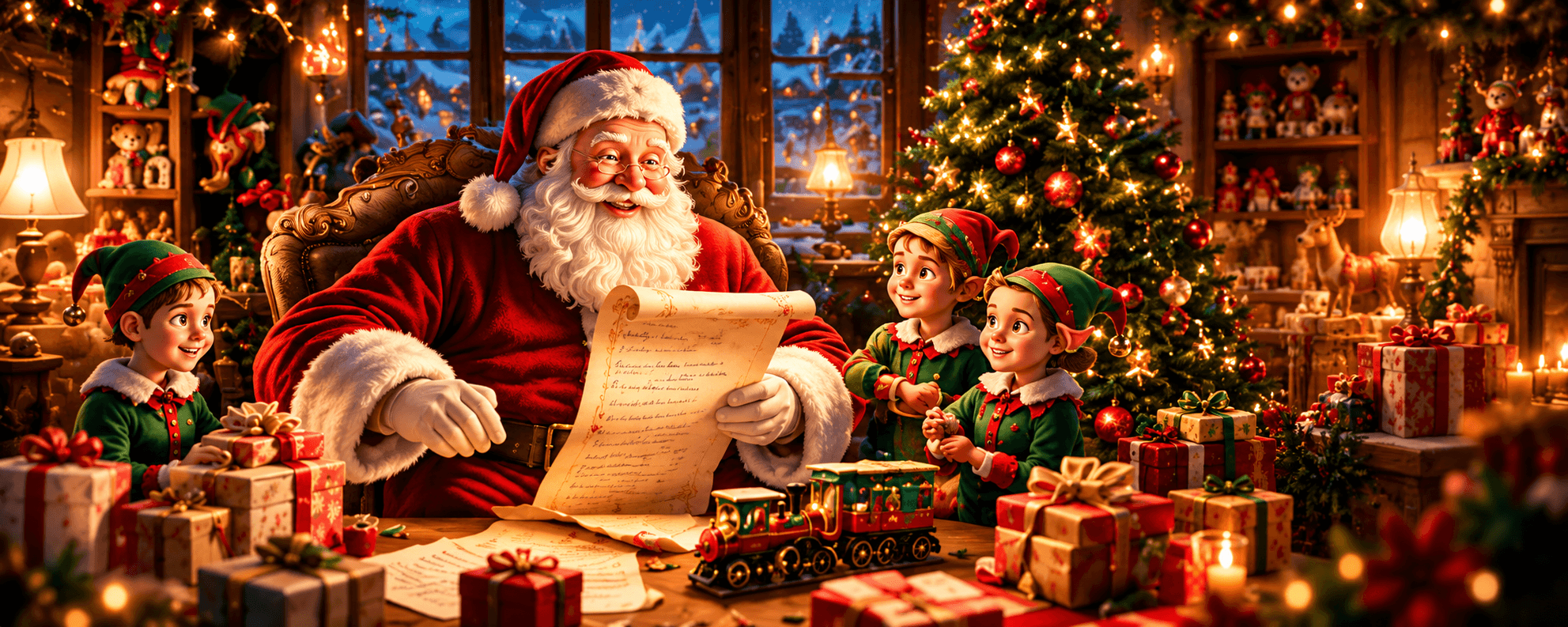 Santa reading his gift list with his elves