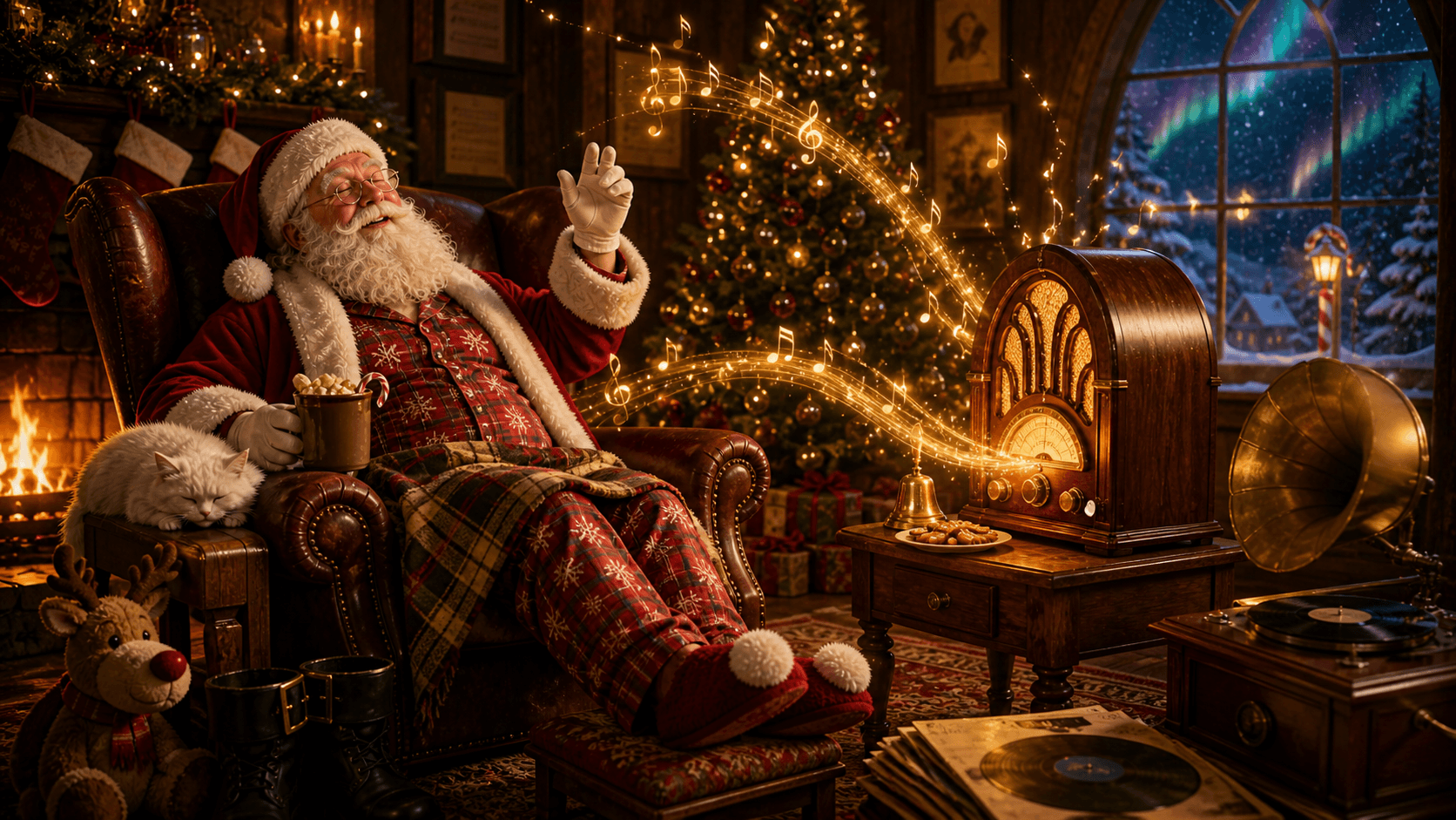 Christmas sheet music and ornaments