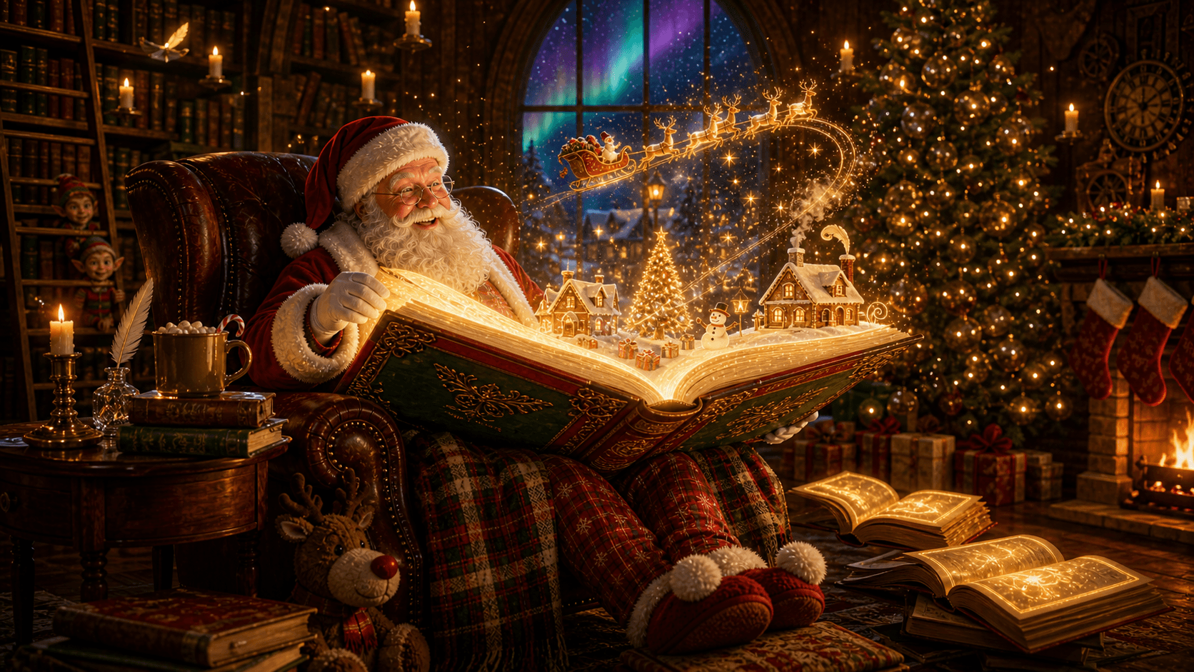 Santa Claus reading a magical Christmas storybook