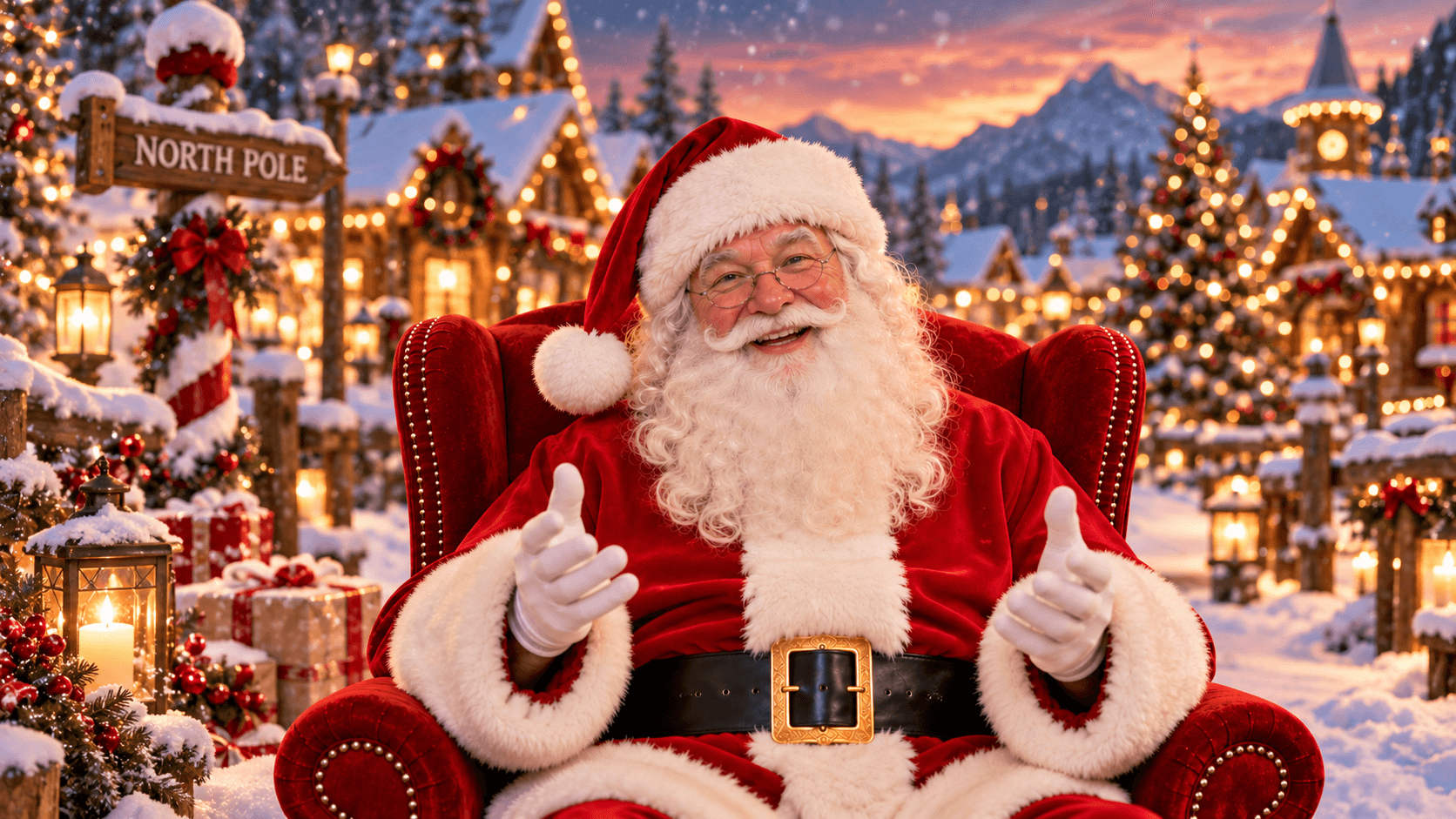 Santa waving from his chair at the North Pole