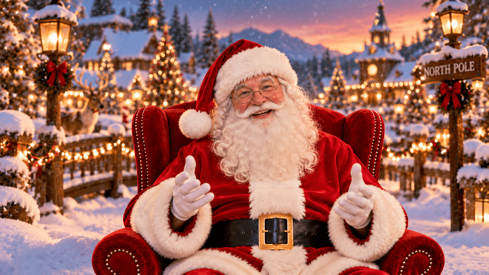 Santa beside the North Pole sign in a snowy village