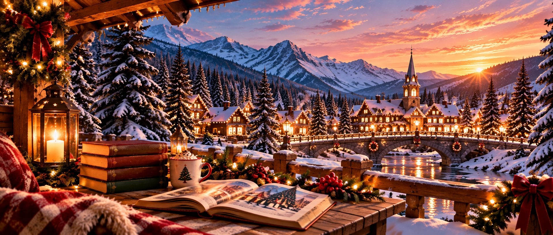 A snowy Christmas village at sunset seen from a cozy porch with stacked storybooks, hot cocoa and an open book