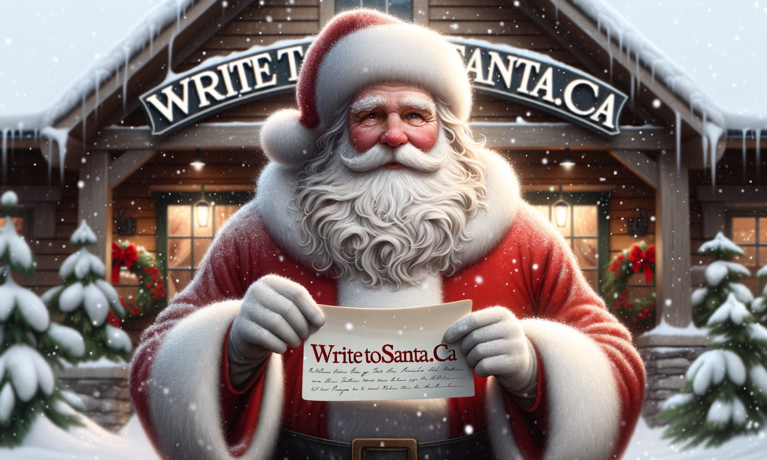 DALL·E 2023-10-24 08.32.00 - Realistic portrayal of Santa Claus for 'writetosanta.ca' banner. Santa, in lifelike detail, stands outside his workshop in the North Pole, holding a b